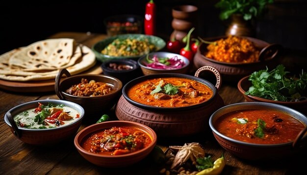 a table with many dishes including rice rice and veggies