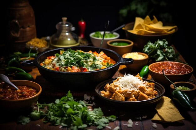 a table with many dishes including rice rice and veggies