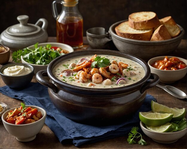 A table with many dishes including shrimp and vegetables