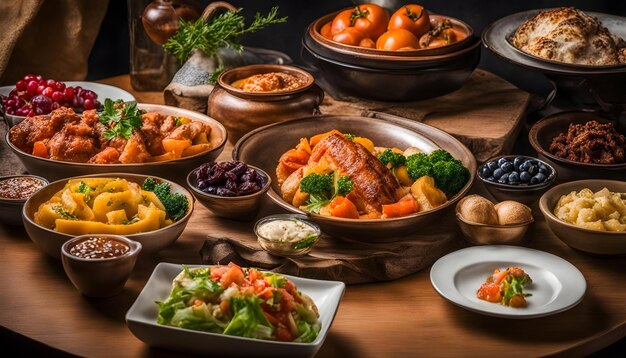 Photo a table with many dishes including vegetables meat and vegetables