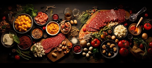 Table with many kind of foods top view