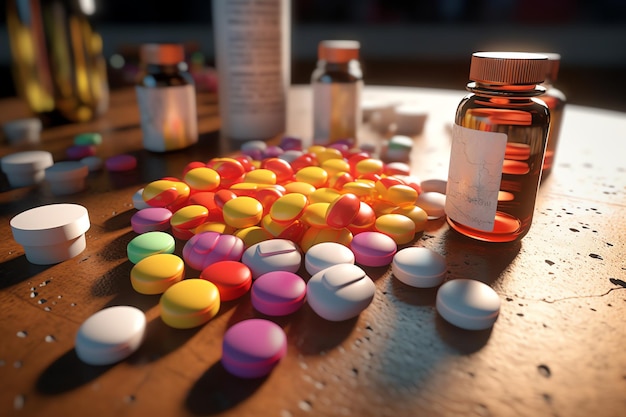 A table with many pills and a bottle of pills on it