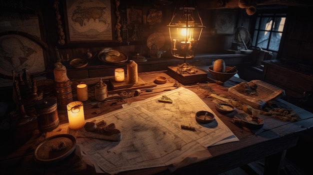 地図が置かれたテーブルと「最後の私たち」と書かれたランプ