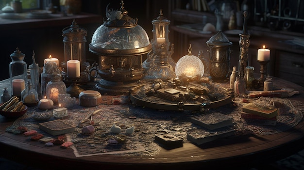 地図が置かれたテーブルとキャンドルのついたランプ