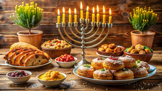 a table with a menorah and a candle that says cranberry