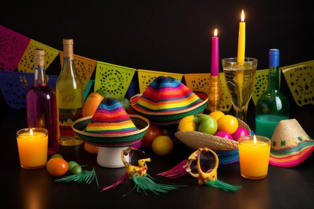 Photo a table with a mexican theme and a candle with a banner that says fiesta