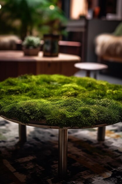 A table with moss on it and a table with a stool in the background.