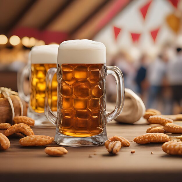 a table with a mug of beer and some peanuts on it