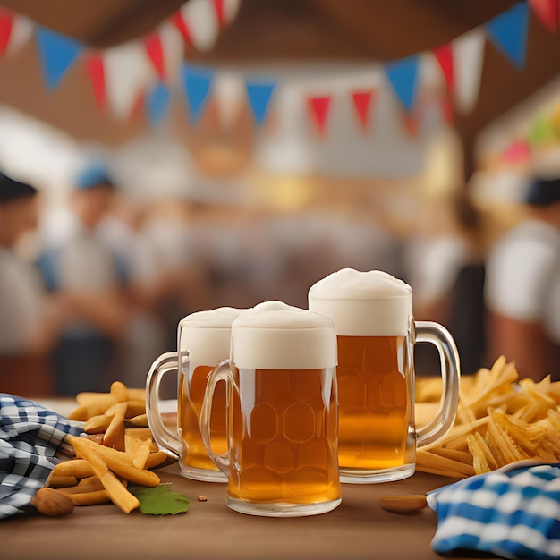 Photo a table with mugs of beer and chips on it