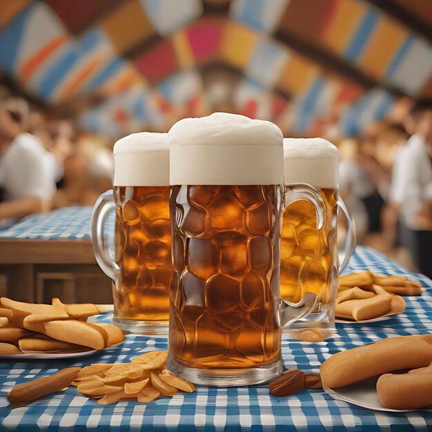 a table with mugs of beer and cookies on it