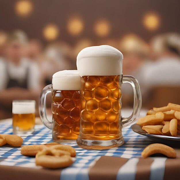 a table with mugs of beer and cookies on it