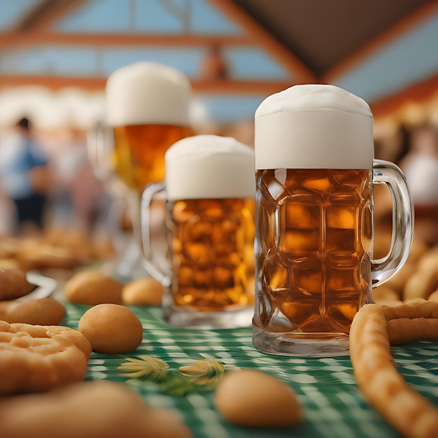 Photo a table with mugs of beer and cookies on it