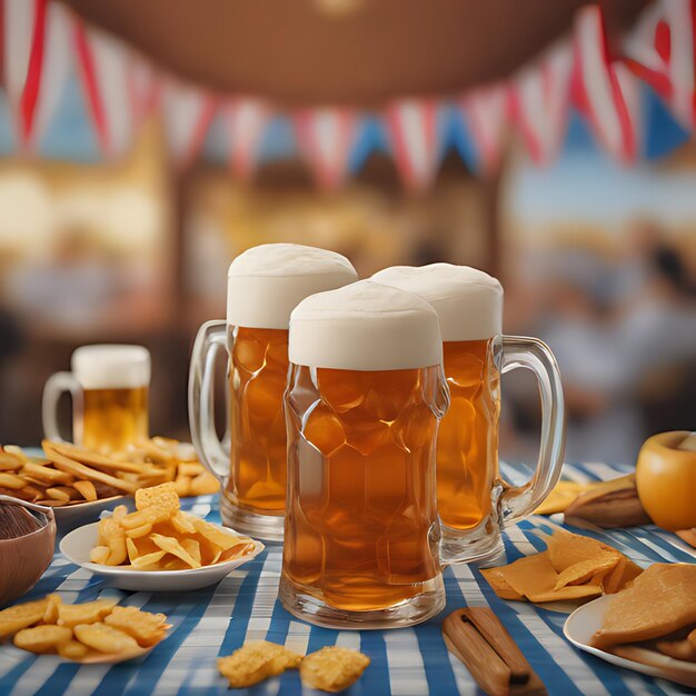 Photo a table with mugs of beer and cookies on it