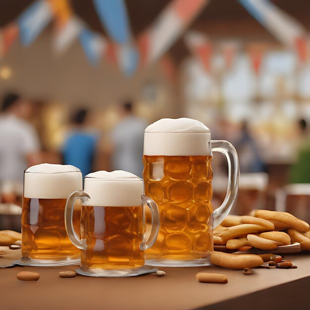 a table with mugs of beer and cookies on it