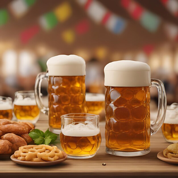 a table with mugs of beer and a mug of beer