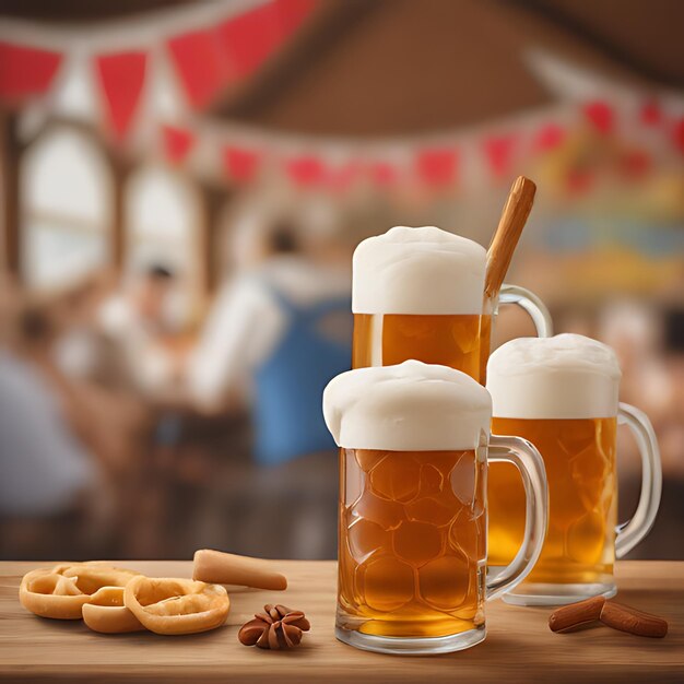 Photo a table with mugs of beer and a stick of cinnamon sticks