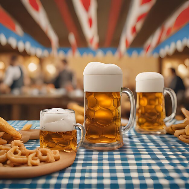 a table with mugs of pretzels and a plate of pretzels