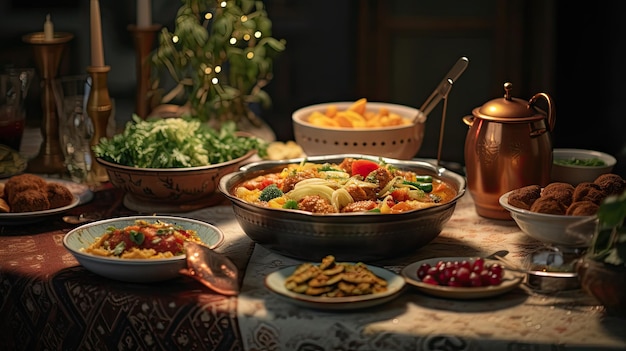 Table With Multiple Plates of Delicious Food Lunchtime Feast for All Eid