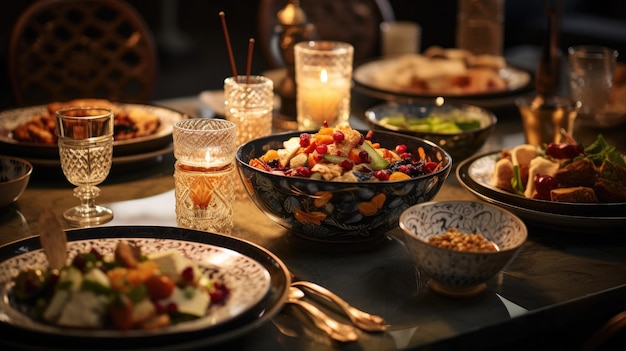 Table With Multiple Plates of Delicious Food Lunchtime Feast for All Eid