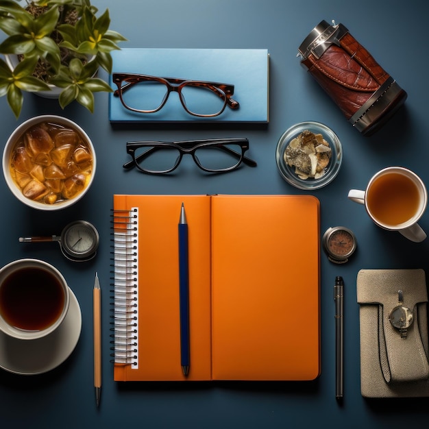 a table with a notebook, glasses, a pen, and a pen on it.