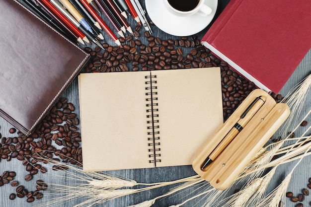 Table with notepad and coffee