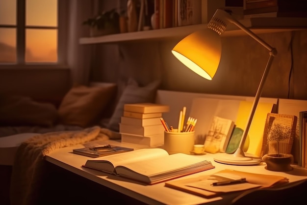Table with opened book and lamp in dark room generative AI