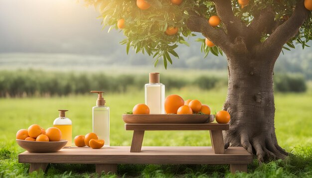 Photo a table with oranges and bottles of perfume and a tree with a bottle of oranges