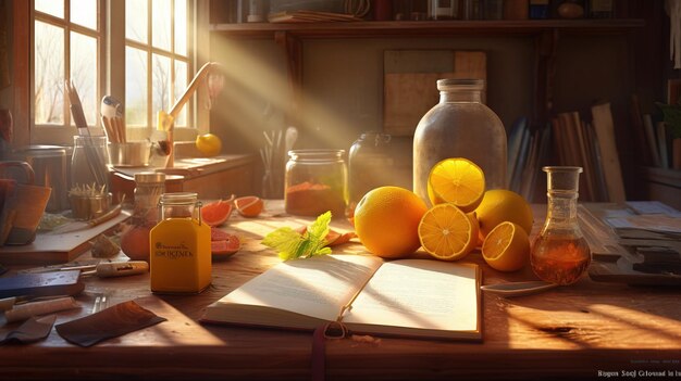 A table with oranges and other objects on it Generative AI Art