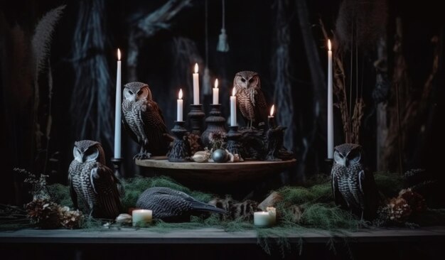 A table with owls on it and candles on it