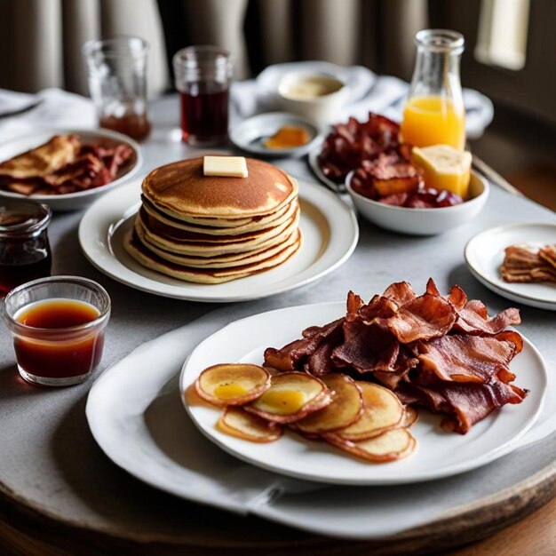 Foto un tavolo con pancake pancake sciroppo e sciroppo