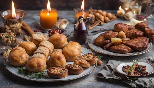 Photo a table with pastries and a candle on it