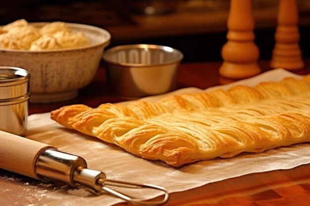 A table with a pastry on it and a bowl of cream on it