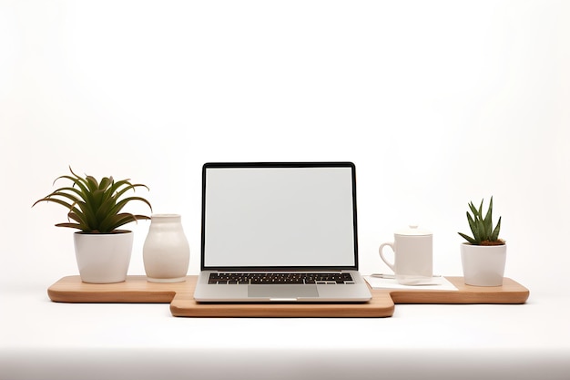 Table with Phone Laptop and Plant On White Background