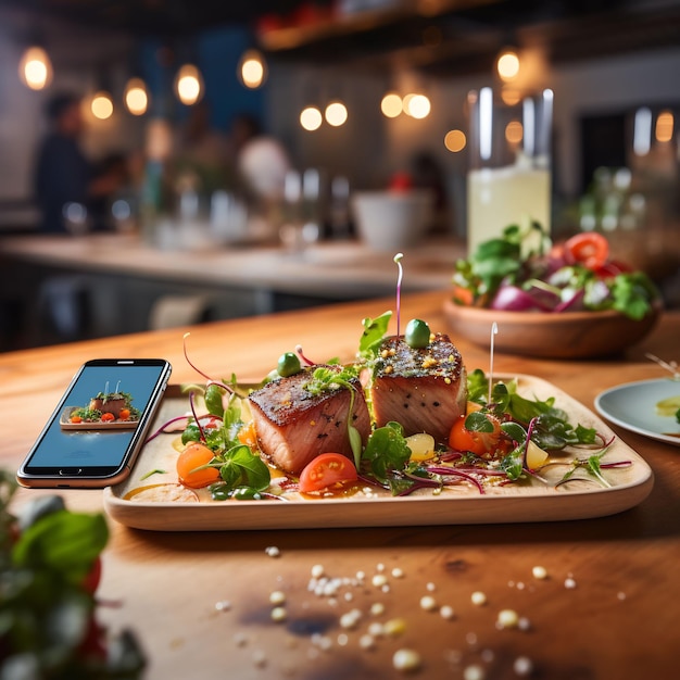 a table with a phone and a plate of food on it