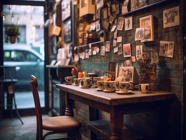 A table with pictures on it and a chair that says " the word " on it "