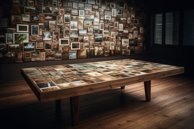 A table with pictures on it is surrounded by a wall of photos.