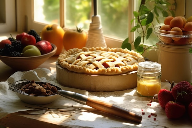 A table with a pie on it and a bowl of fruit on it