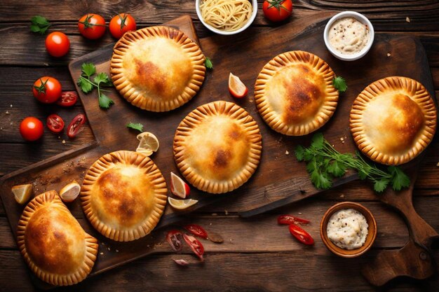 a table with pies mushrooms and other dishes on it