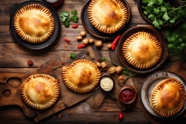 a table with pies and other dishes including pies vegetables and spices