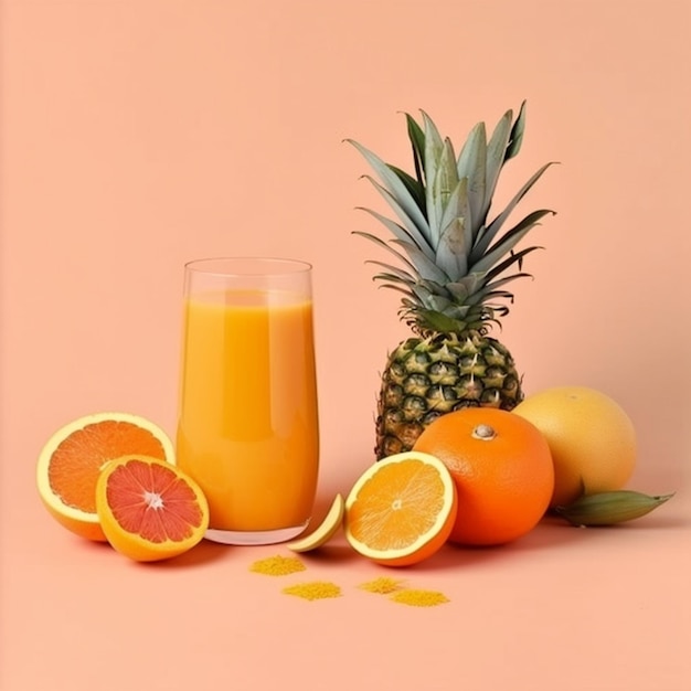 A table with a pineapple, oranges, and other fruit including oranges.