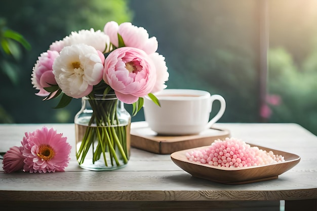 A table with pink flowers and a cup of coffee on it