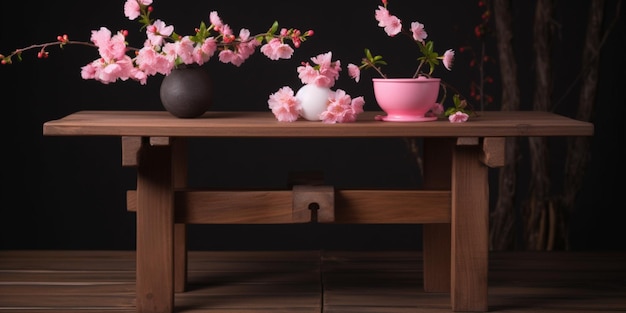 A table with pink flowers and a cup of tea on it