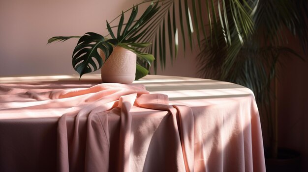 A table with a pink table cloth and a plant in the corner.