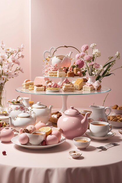 A table with a pink tablecloth and a vase of flowers