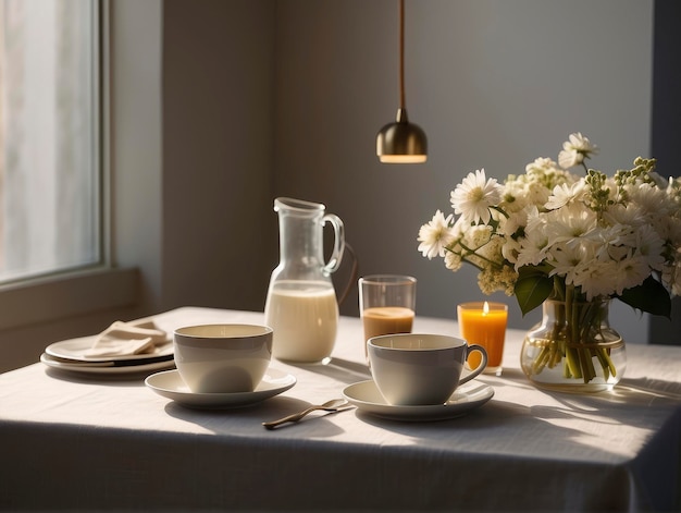 우유 주전자와 커피 컵이 놓인 테이블