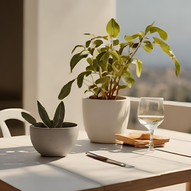 その上に植物とワインのグラスがあるテーブル