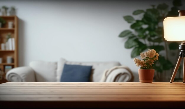 A table with a plant on it and a couch in the background