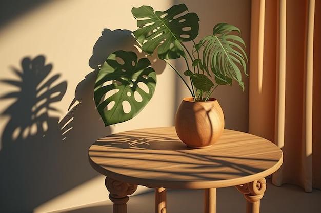 A table with a plant on it and a wall behind it