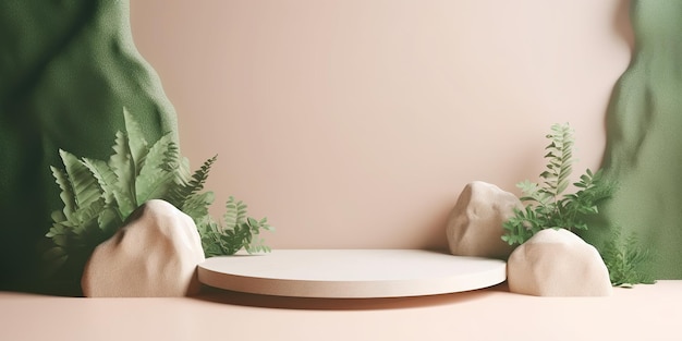 A table with a plant on it and a white plate with a green plant on it