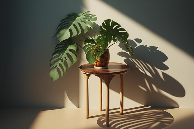 A table with a plant on it and a wooden table with a wooden top